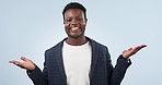 Decision, why hands and black man face with a smile from choice and problem solving in studio. Scale, male professional and portrait happy with solution, thinking and question with what emoji sign