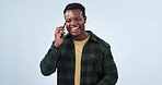 Phone call, black man and communication in studio with happiness for talking, consultation or feedback with technology. Conversation, person or smartphone on mockup for sales or marketing discussion