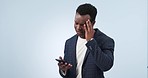 Phone, stress and black man with headache from phishing scam, bed news and email in studio. Anxiety, mobile and connection error with frustrated person online spam and fail with blue background