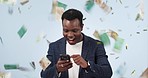 Excited, bonus and black man for the lottery on a phone for communication and trading success. Happy, internet and African person cheering to celebrate a jackpot or achievement on a studio background