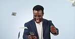 Excited, win and black man for the lottery on a phone for communication and trading success. Happy, internet and African person cheering to celebrate a jackpot or achievement on a studio background