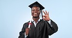 Certificate, success and black man or graduate with a perfect sign for education achievement. Happy, graduation and face portrait of African student or person with an emoji hand for like of a diploma