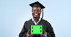 Tablet green screen, graduation and happy black man with studio promotion, school commercial info or UI mockup space. College portrait, university website and student presentation on blue background