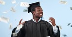 Graduation, money or excited black man in studio for education goals, college or school success. Scholarship winner, blue background or happy student graduate with smile, pride or academic degree