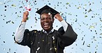 Confetti, education and black man with graduation, celebration and knowledge on a blue studio background. African person, model or student with achievement, degree or diploma with happiness or future