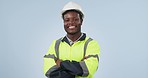 Happy black man, engineer and arms crossed of professional in construction against a studio background. Portrait of African male person, architect or contractor smile in confidence for architecture