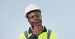 Engineer, thinking and black man with solution, problem solving and worker on blue studio background. African person, architecture and employee with helmet, ideas and decision with a choice or safety