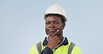 Construction, thinking and black man with solution, problem solving and choice on a blue studio background. African person, architecture and employee with helmet, ideas and decision with engineer