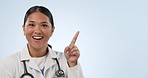 Thinking, smile of Asian woman or doctor in studio with idea, solution or brainstorming in healthcare career. Problem solving, decision or happy face of medical professional on blue background mockup