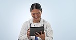 Happy asian woman, doctor and tablet in research, Telehealth or communication against a studio background. Female person, medical or healthcare surgeon working on technology for networking on mockup