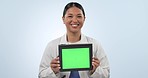 Asian woman, doctor and tablet with green screen in advertising against a studio background. Portrait of female person, medical or healthcare surgeon showing technology display, health app or mockup