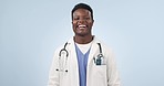 Laugh, doctor and happy black man in studio for medical service, care and support for hospital. Healthcare, consulting and portrait of person with funny joke, humor and comedy on blue background