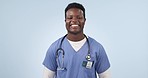 Laugh, doctor and face of black man in studio for medical service, care and support for hospital. Healthcare, clinic and portrait of happy person with funny joke, humor and comedy on blue background