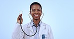 Doctor, black woman and portrait, stethoscope and cardiology, healthcare and listen to heart on blue background. Pride, expert and cardiovascular health with medical professional and tools in studio 