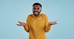 Confused, hands and face of man in studio with dont know, gesture or ask on blue background. Why, portrait and guy model with oops, mistake or doubt, unsure or forget, guess or palm scale questions