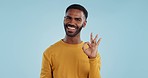 Happy, face and man with perfect hands in studio for support, review or success, vote or agree on blue background. Smile, portrait and male model show ok, emoji or yes, thank you or feedback results