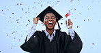 Graduation, woman student and confetti celebration, college success or university achievement in studio. Face of happy African graduate, wow or dance for award or education diploma on blue background