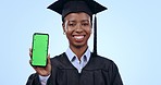 Graduate, woman and phone green screen for university marketing, contact or information on blue background. Face, graduation and african student with mobile mockup, e learning and education in studio