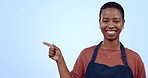 Black woman, barista pointing at mockup and advertising for cafe with OK sign, support with info on launch in studio. About us, marketing for small business and portrait with news on blue background