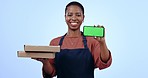 Happy black woman, pizza box and phone with green screen for delivery app against a studio background. Portrait of African person, courier lady or cafe owner with mobile smartphone display or mockup