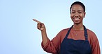 Business owner, waitress and woman pointing to cafe presentation, menu mockup and okay hands in studio. Face of african entrepreneur, barista or cashier for coffee shop information on blue background