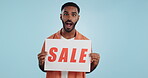 Studio sales poster, happy man and surprise ads commercial, discount promotion banner or notification sign. Billboard info, placard and ambassador presentation, choice or deal on blue background