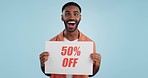 Sales poster, happy man or surprise discount offer, studio promo banner and advertising brand, info or service. Billboard savings sign, wow commerce announcement or portrait person on blue background