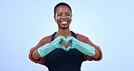 Woman, smile and hands in gesture for cleaning on blue background, studio and mockup with heart. African, person and face with emoji for housekeeping, service or maintenance with hygiene in space 