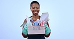 Happy black woman, bucket and supplies for cleaning or housekeeping against a studio background. Portrait of African female person, cleaner or maid smile with detergent, equipment or tools on mockup