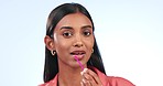 Indian woman, lipstick and beauty in portrait, brush on lips with glow and cosmetic product on white background. Shine, cosmetology and model with lipgloss wand, apply makeup on mouth in studio