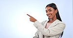 Happy business woman, pointing and list in advertising or marketing against a studio background. Portrait of female person or employee smile and showing information, steps or options on mockup space