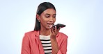 Microphone, phone call or woman in studio for a voice recording or loudspeaker in an audio message. Mobile app communication, gossip or person talking, conversation or speaking on white background