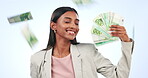 Woman, winner and money rain or fan for success, celebration and lottery, bonus or financial freedom on a blue background. Business entrepreneur with cash in air for investment or profit in studio