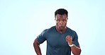 Fitness, running and black man sweat in training cardio, muscle and endurance isolated in studio blue background. Energy, wellness and tired runner or person exercise or workout for marathon strength