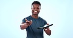 Personal trainer, black man and face with tablet for sign up, membership and gesture for gym contract. Portrait, male athlete and exercise with online info for training in studio with blue background