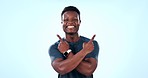 Fitness studio, happy black man and point at workout club commercial, gym promo or cardio notification. Training portrait, mockup space and ambassador presentation, choice or deal on blue background