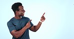 Training studio, happy black man and point at advertising direction, gym schedule or sports cardio process, list or chart. Portrait, mockup space presentation and athlete checklist on blue background