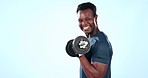 Fitness, dumbbell and black man training for health, muscle and bodybuilding isolated in a studio blue background. Smile, wellness and portrait of person exercise or workout for bicep strength