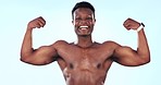 Strong, muscle and black man flexing biceps, bodybuilder in studio with portrait and fitness on blue background. Exercise, training with bodybuilding champion, power with pride and wellness in studio