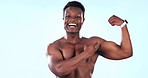 Muscle, flex and face of black man in studio for fitness, bodybuilder training and exercise for strength. Sports, gym and portrait of person with strong body, workout and excited on blue background