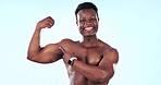 Muscle, flex and black man in studio for fitness, bodybuilder training and exercise for strength. Sports, gym and portrait of person with strong body for workout, health and growth on blue background