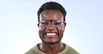 Glasses, eye health and black man face with a smile and happy from lens and frame choice. Studio, blue background and African male person with prescription and eyeglasses decision with portrait