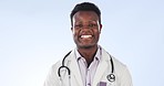 Laugh, doctor and face of black man in studio for medical service, care and support for hospital. Healthcare, consulting and portrait of person with funny joke, humor and comedy on blue background