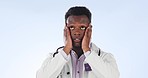 Black man, doctor and mistake stress for healthcare panic, crisis and medical risk fail on studio background. Hands, employee and medicine worker with anxiety, mental health and brain fog challenge