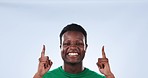 Studio face, happy black man or pointing up at commerce advertisement, promotion notification, or brand logo design. Portrait, info or African person presentation, choice or deal on blue background