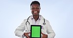 Doctor, tablet green screen and happy black man with website logo design, hospital info or medical studio brand. Cardiology portrait, mockup data space and surgeon show clinic news on blue background