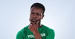 Thinking face, black man and volunteer idea for eco charity project, studio plan or waste management. Social responsibility portrait, eureka and problem solving pollution solution on blue background