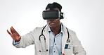 Black man, doctor and VR metaverse with software, pharmaceutical tech in a studio. Healthcare, medical and augmented reality of African male professional with futuristic glasses with white background