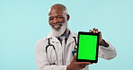 Doctor, green screen tablet and mature black man show cardiology news, medical announcement or hospital mockup space. Studio portrait, online medicine info and healthcare surgeon on blue background