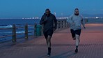 Obesity fitness, ocean and men running for weight loss goals, health diet or outdoor training for cardio marathon race. Speed exercise, diversity or fast obese people, fat black man or runner workout